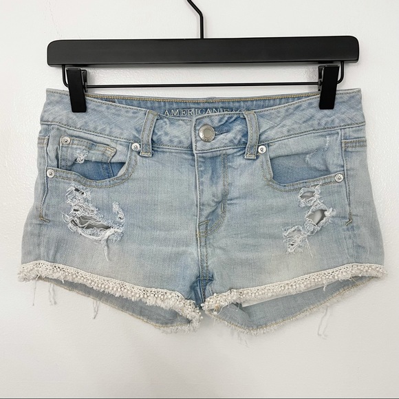 American Eagle Crochet Lace Hem Distressed Denim Shortie Shorts Jean Short - Picture 2 of 15